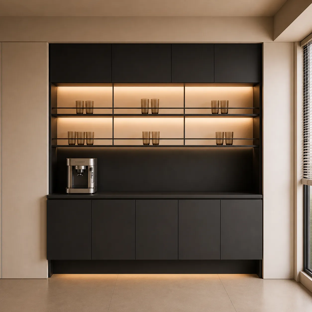 Modern Black Coffee Corner with Ambient Lighting