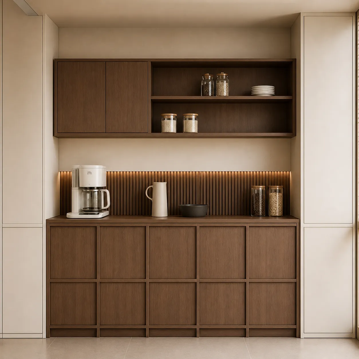 Modern Wooden Coffee Corner with Open Shelving