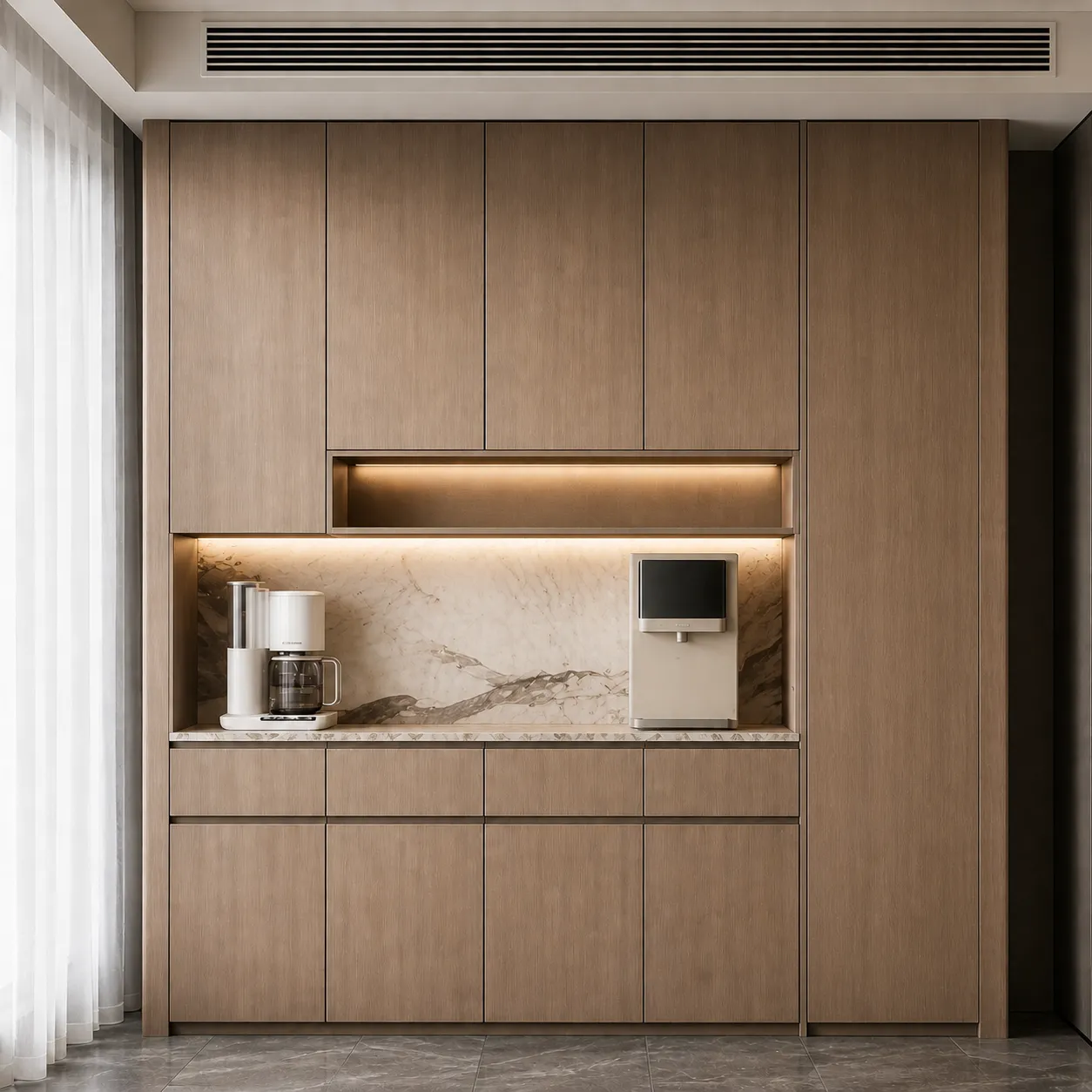 Built-In Wooden Coffee Corner with Marble Accent