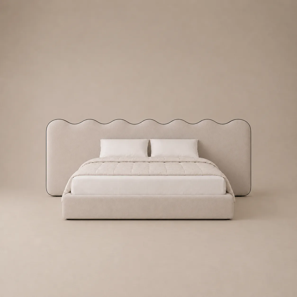 Scalloped Headboard Upholstered Bed with Extended Wings