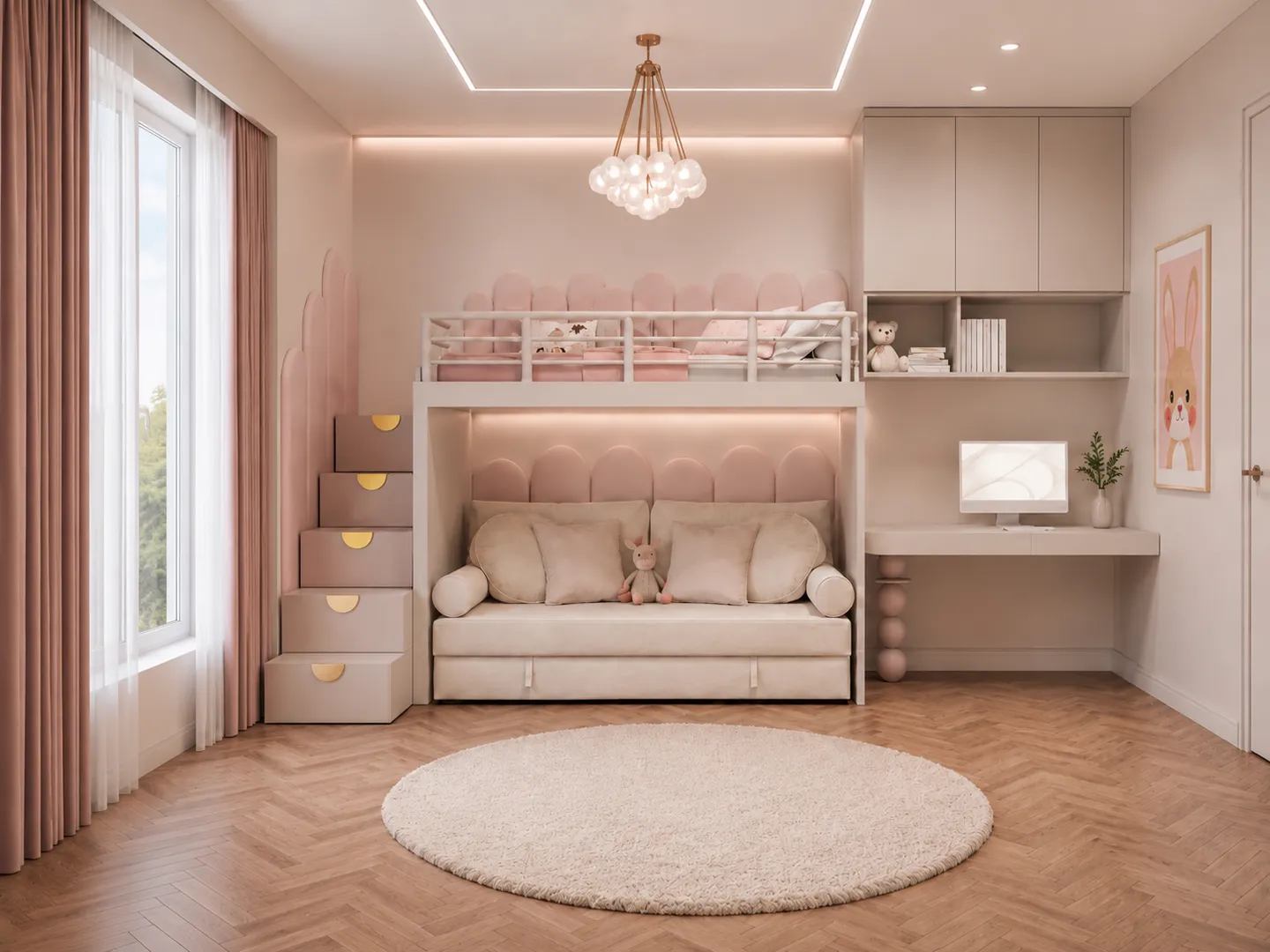 Custom Girls Loft Bed With Sofa &amp; Study Desk