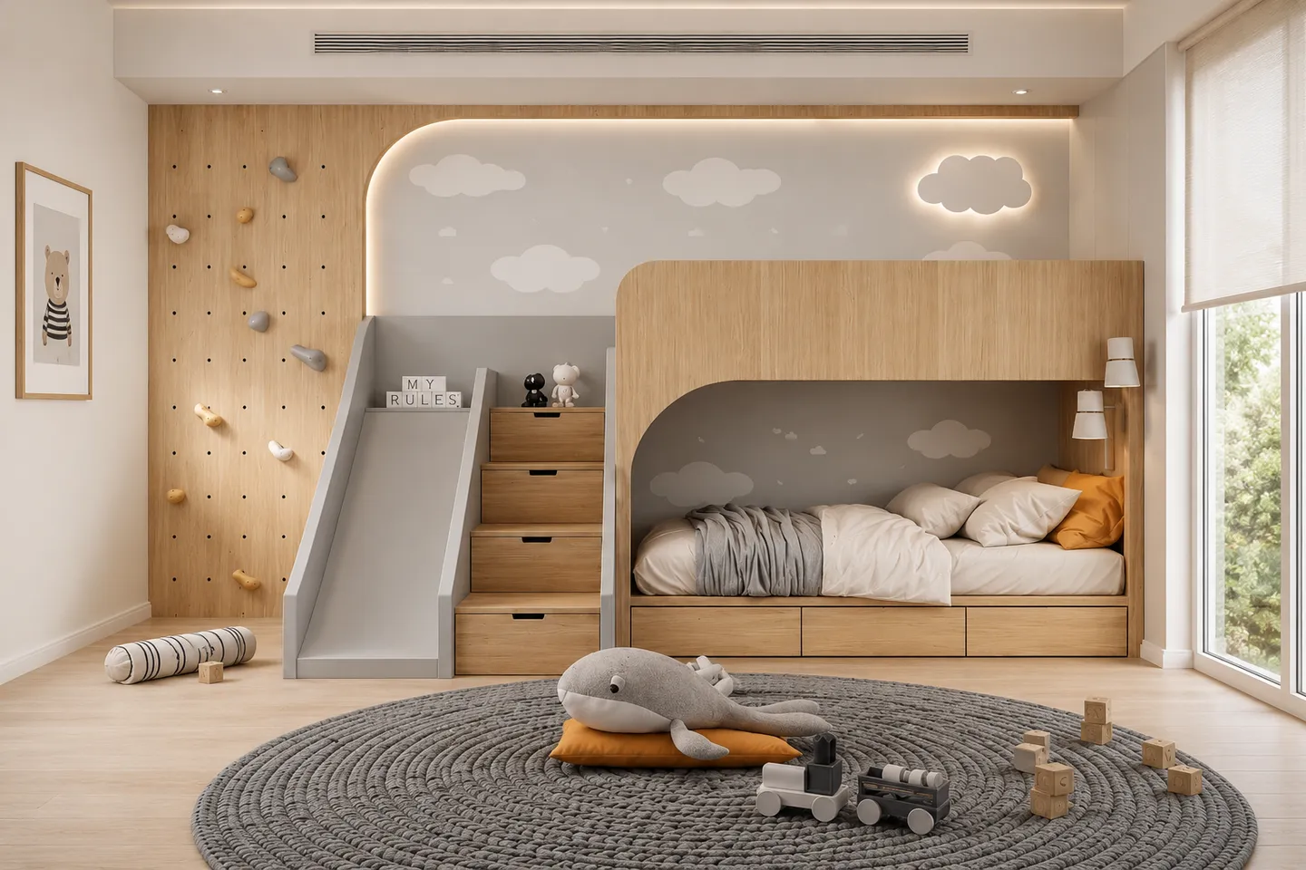 Custom Kids Bunk Bed With Slide &amp; Climbing Wall