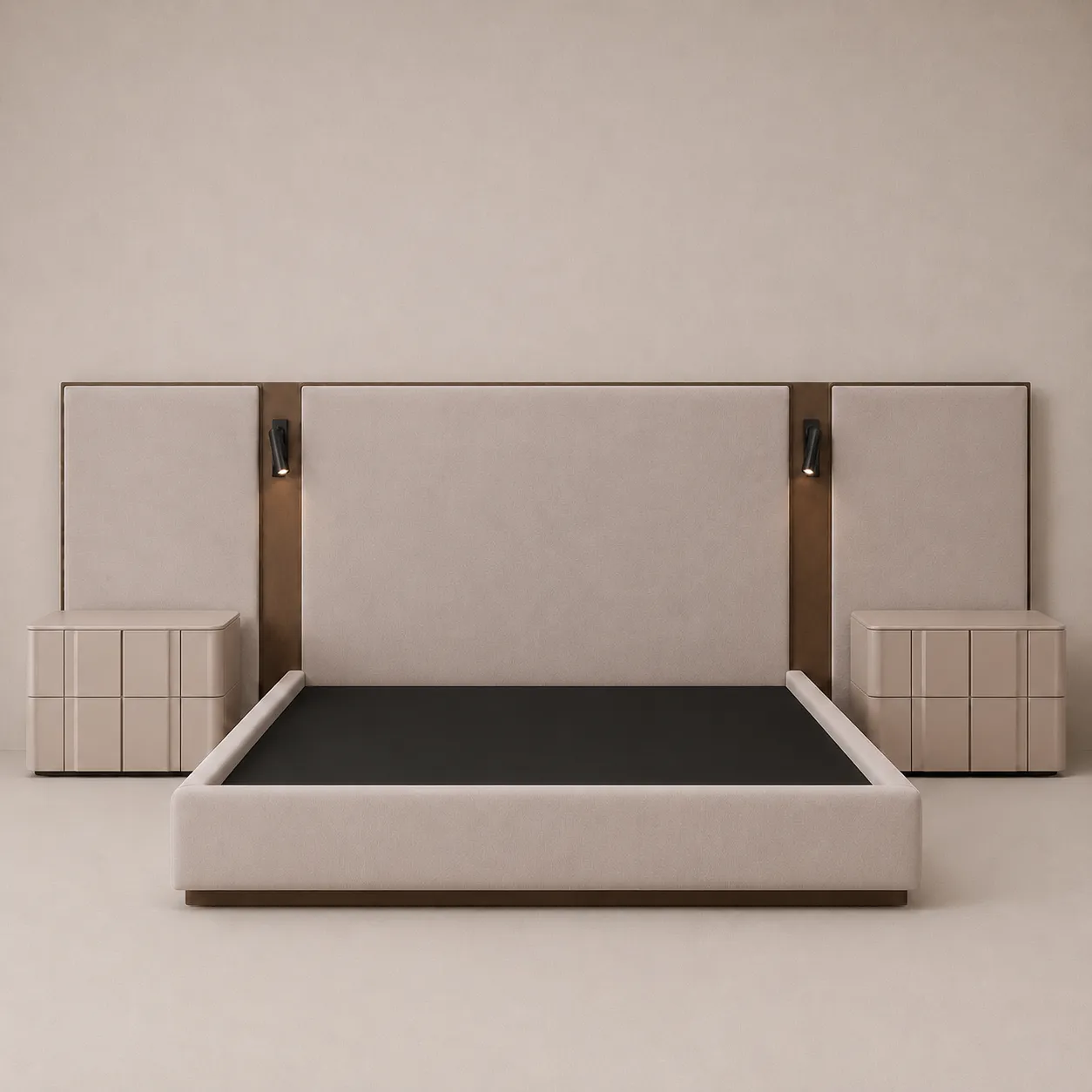 Luxury Upholstered Bed with Extended Headboard and Reading Lights
