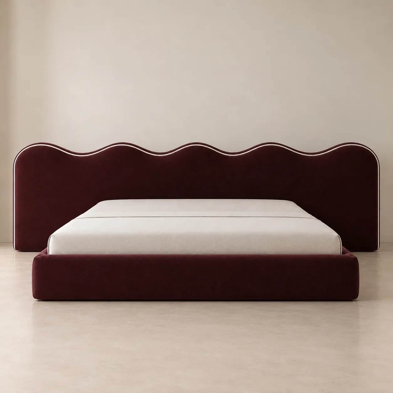 Maroon Wave Headboard Upholstered Bed