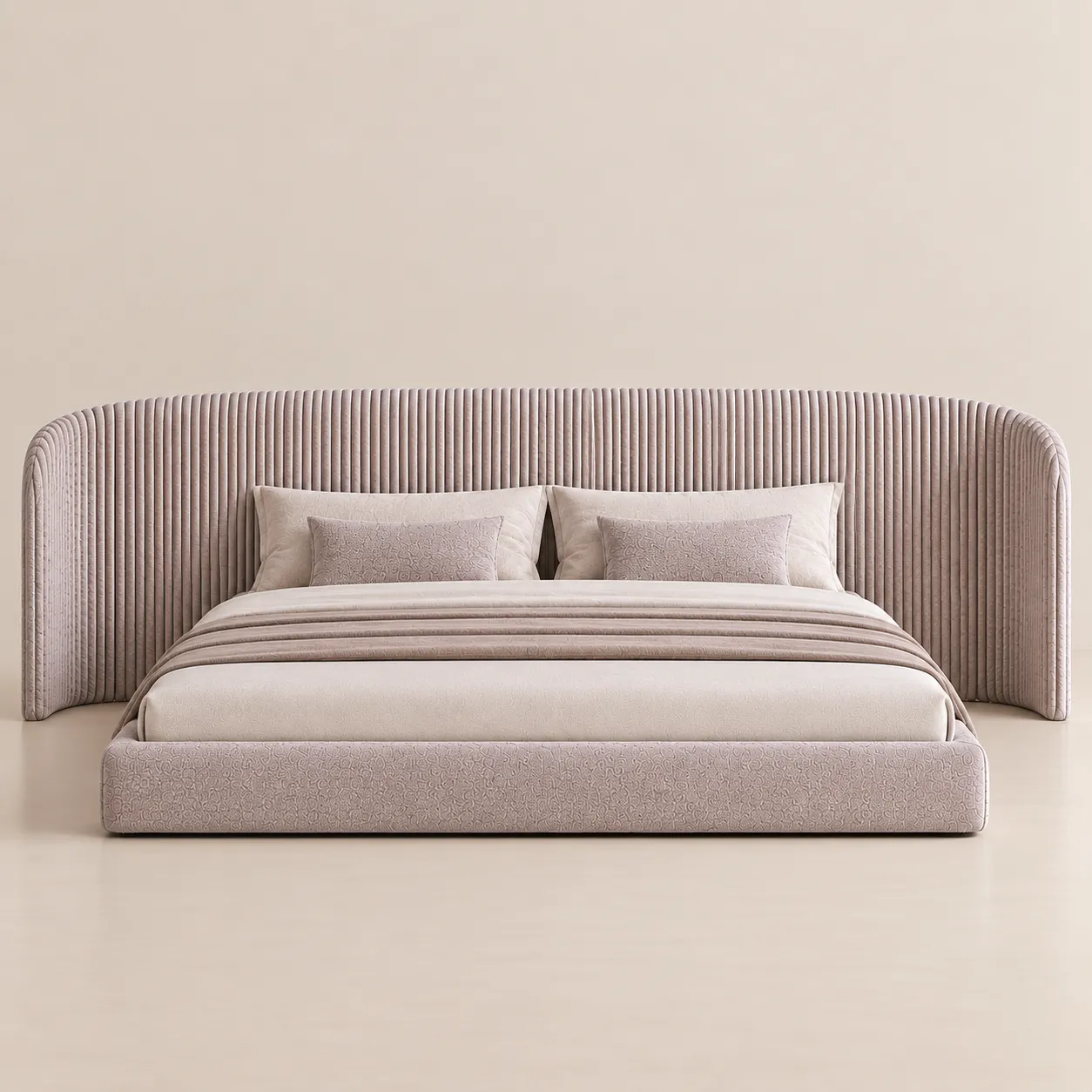 Modern Fluted Upholstered Bed with Extended Curved Headboard