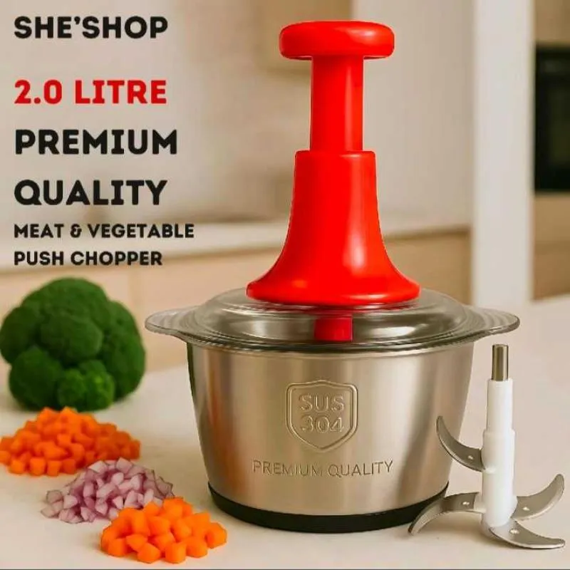 2.0Litre 4 Blades Premium Quality Meat and Vegetable Push Chopper with Stainless Steel Bowl