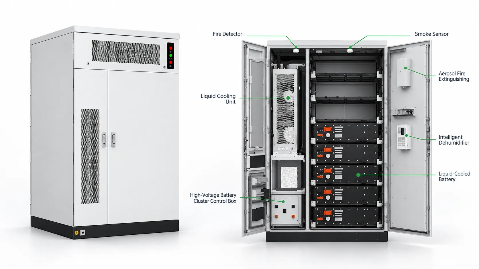 125kW 261kWh liquid-cooled BESS cabinet internal structure with battery modules BMS control box and fire protection