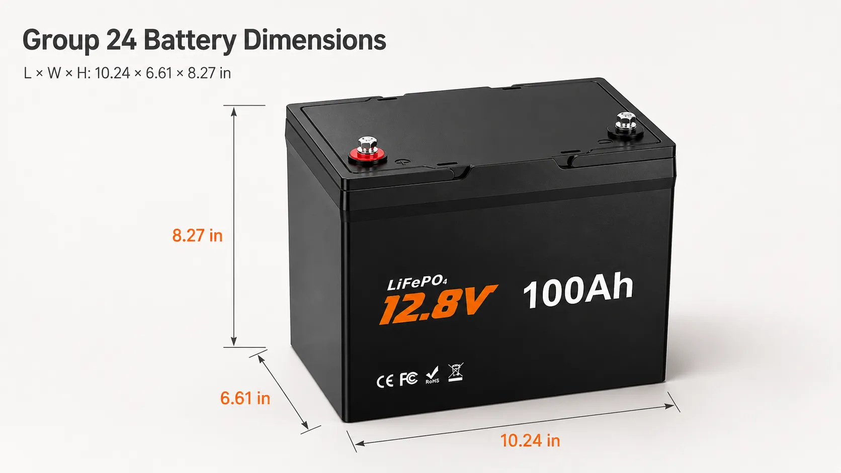 12V 100Ah Group 24 LiFePO4 battery dimensions and M8 terminals