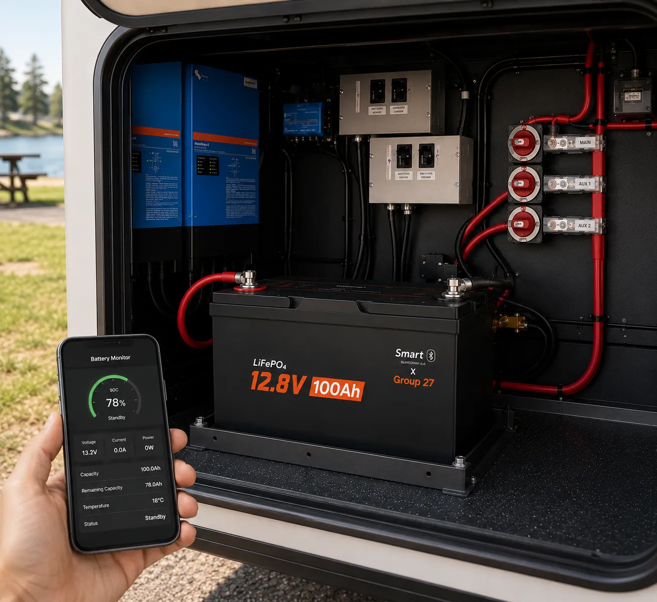 12V 100Ah Group 27 LiFePO4 battery Bluetooth monitoring for RV and marine systems