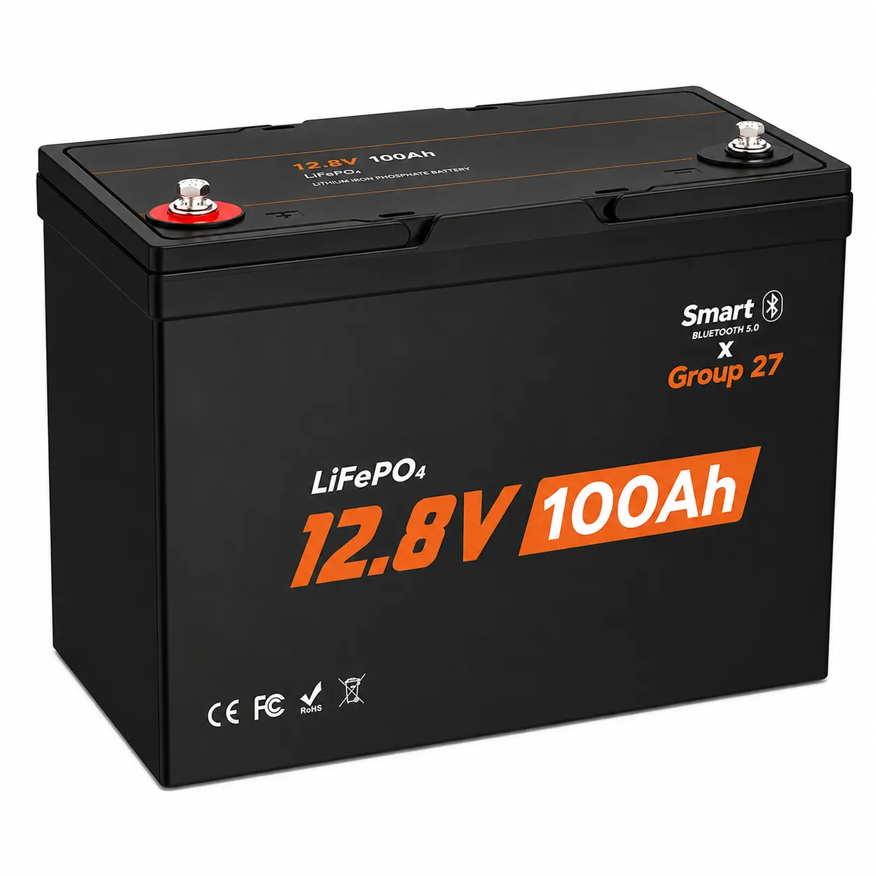 12V 100Ah Group 27 LiFePO4 Battery with Bluetooth for RV & Marine