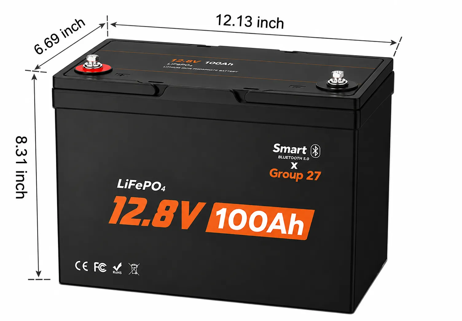 12V 100Ah Group 27 LiFePO4 battery dimensions 12.09 x 6.81 x 8.86 inches