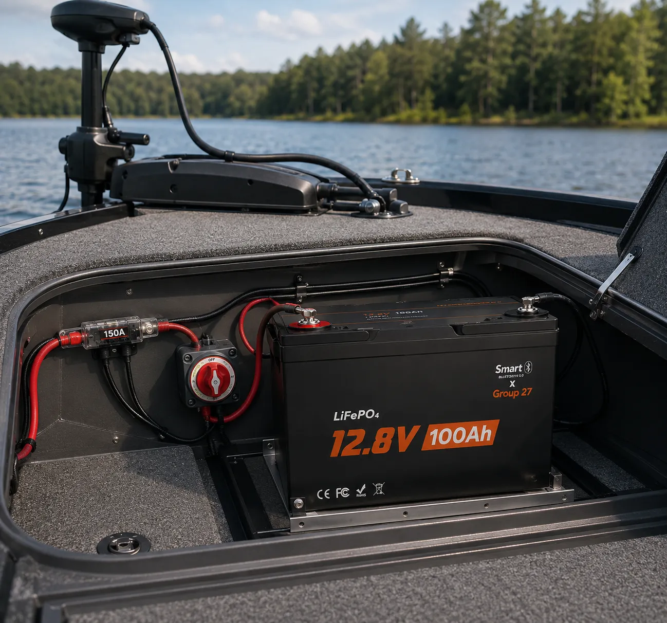 12V 100Ah Group 27 LiFePO4 battery for trolling motor and marine deep-cycle applications
