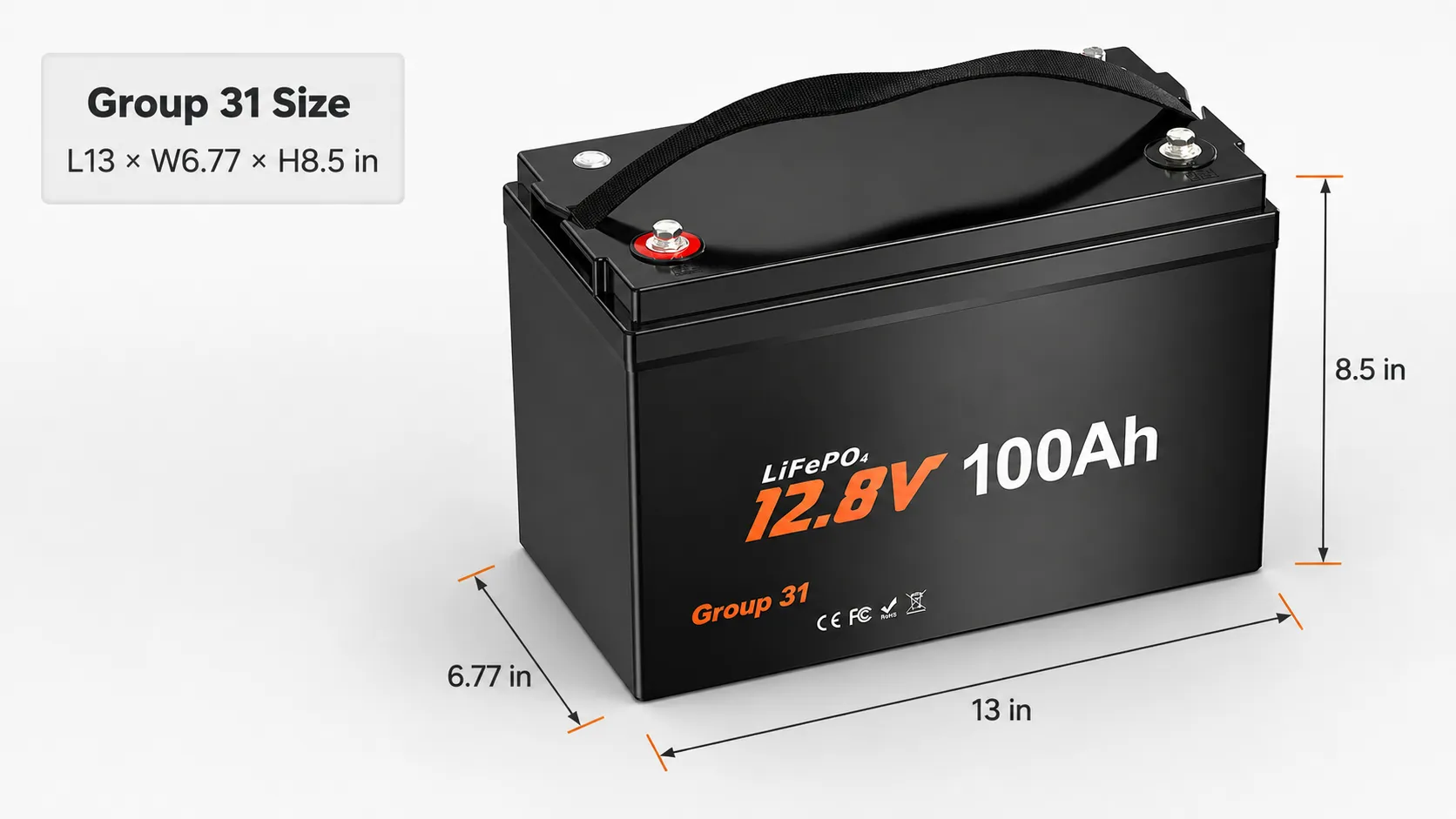 12V 100Ah Group 31 LiFePO4 battery dimensions in inches and millimetres with M8 terminals