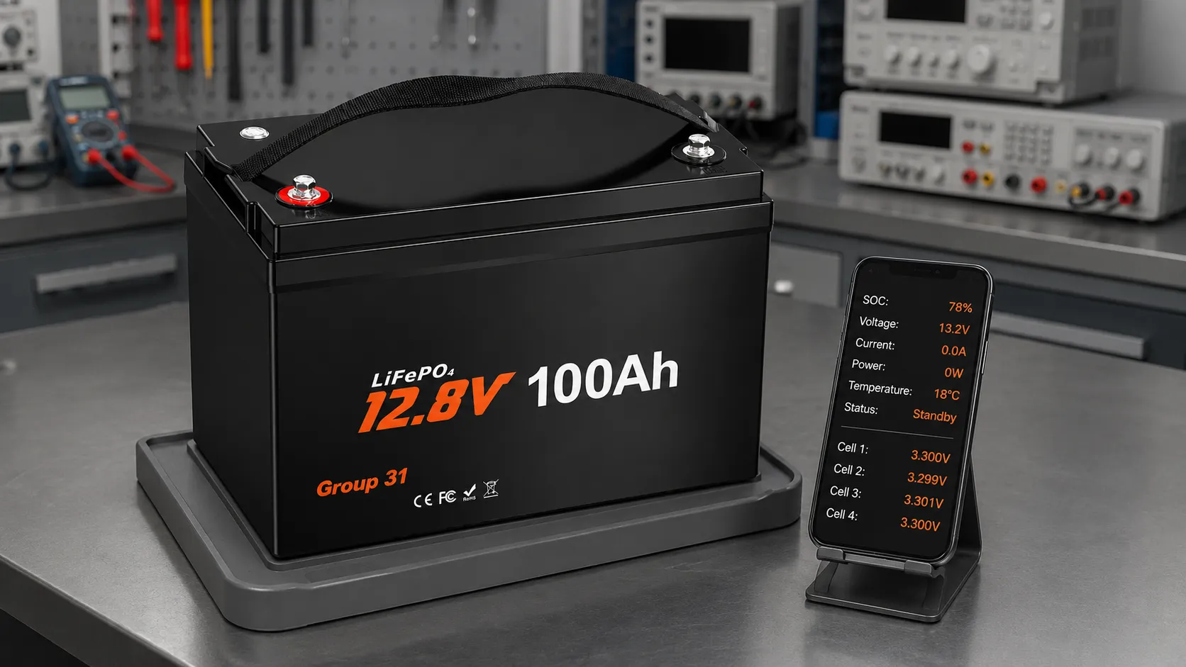 Bluetooth monitoring for a 12V 100Ah LiFePO4 battery showing SOC voltage current and temperature