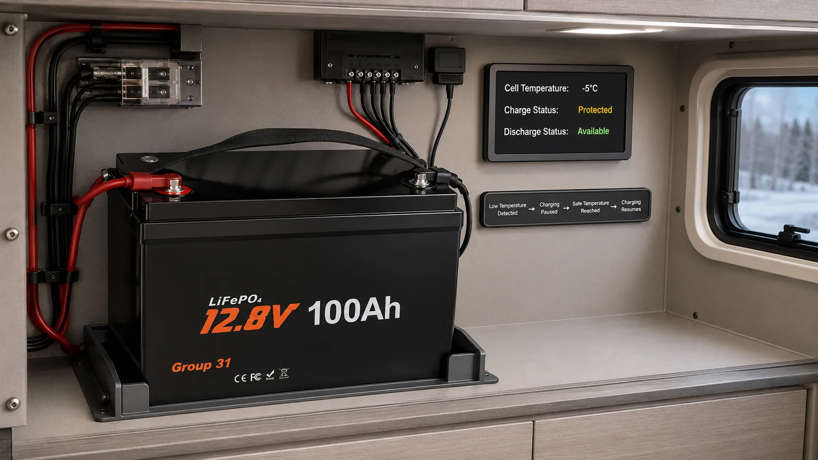 12V 100Ah LiFePO4 battery with low-temperature charging protection in a dry electrical compartment