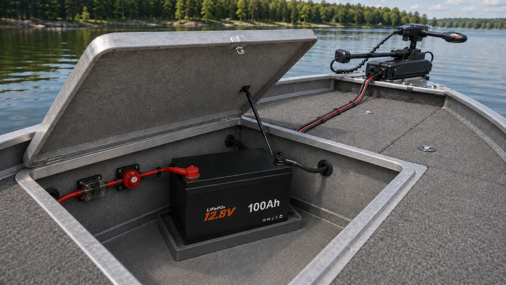 12V 100Ah LiFePO4 battery installed for a trolling motor in a protected boat compartment
