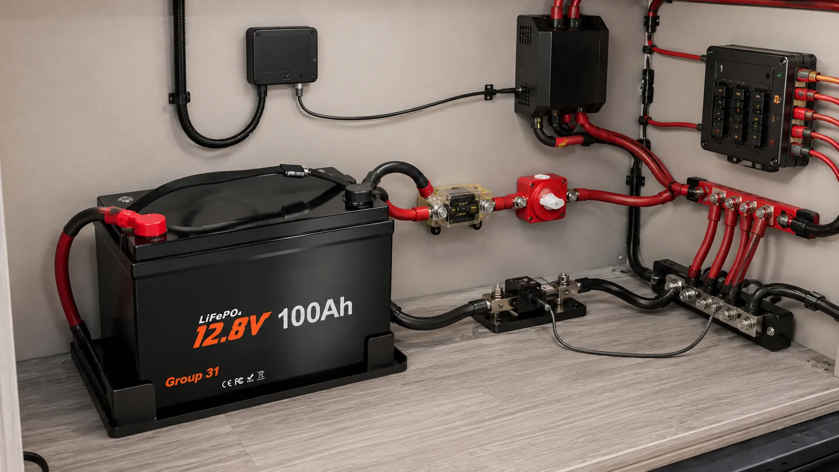 12V 100Ah LiFePO4 RV battery installed with a main fuse disconnect switch busbars and CAN communication