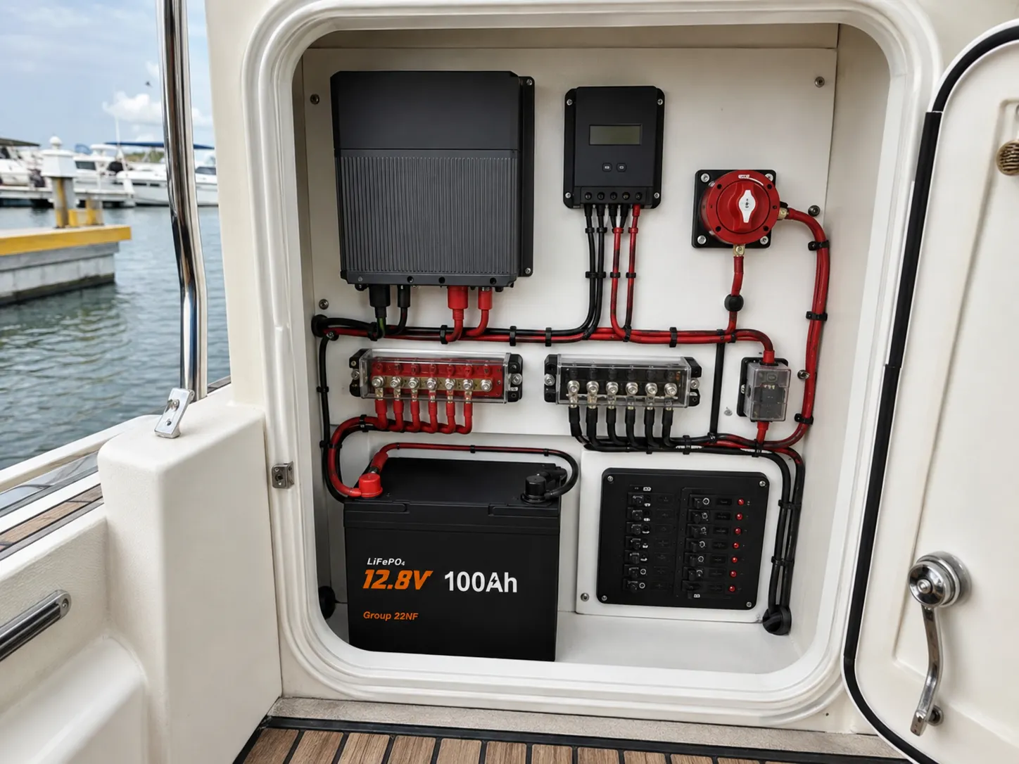 Marine LiFePO4 house battery installed in a yacht electrical system