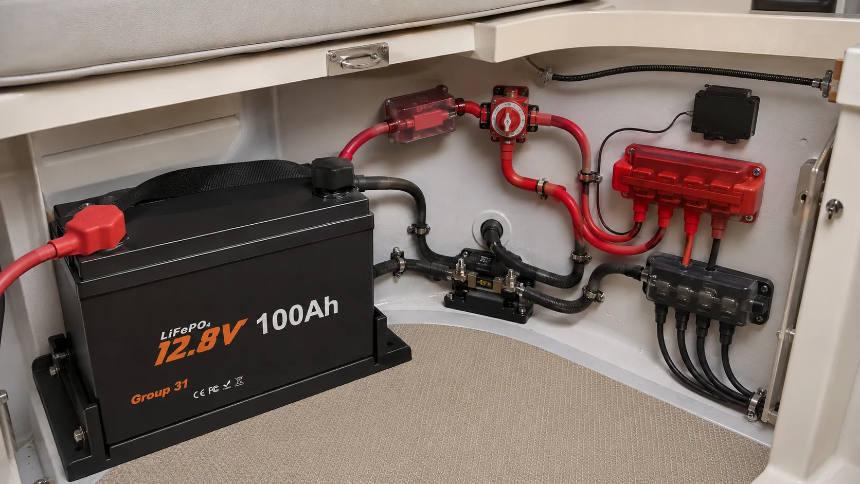12V 100Ah LiFePO4 marine house battery installed in a dry internal boat battery compartment