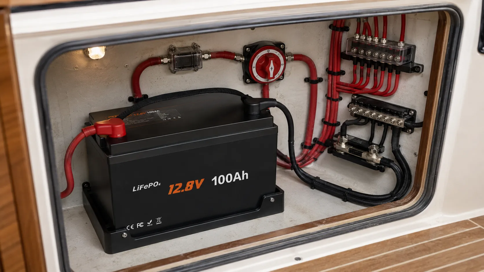 12V lithium marine battery installed in a dry fishing boat battery compartment