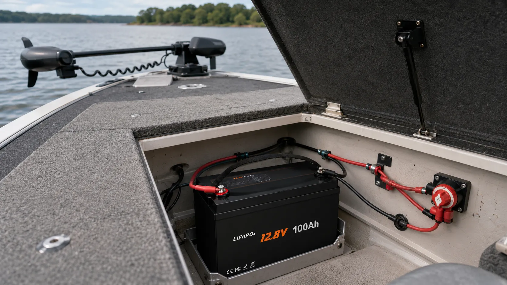 LiFePO4 trolling motor battery powering a 12V electric motor on a fishing boat