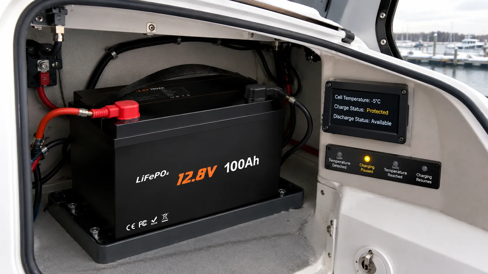 Low-temperature charging protection for a marine LiFePO4 battery in a dry boat compartment