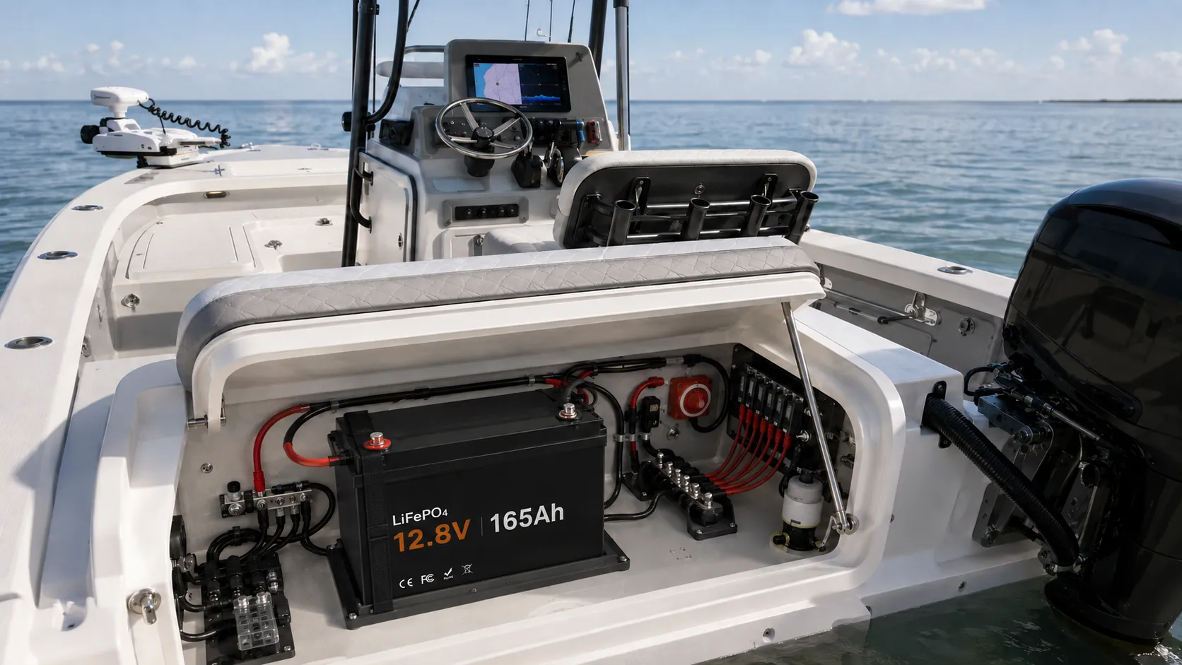 12V 165Ah dual-purpose marine LiFePO4 battery for outboard starting and onboard electronics