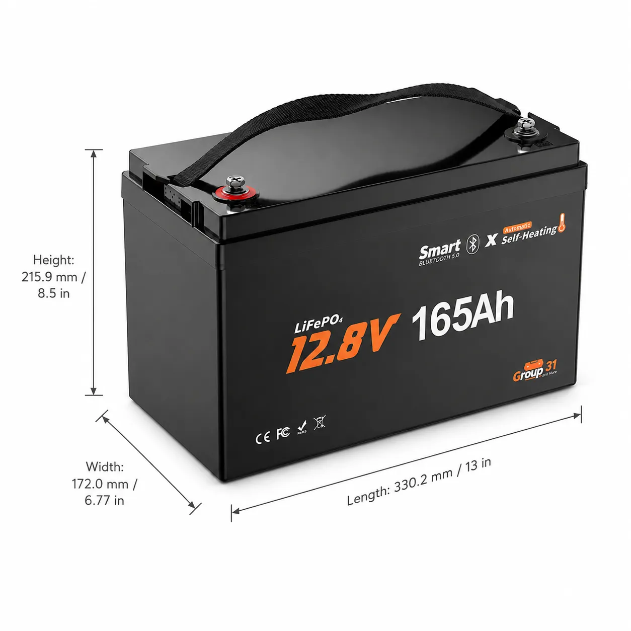 Dimensions and terminal layout of a 12V 165Ah Group 31 LiFePO4 battery