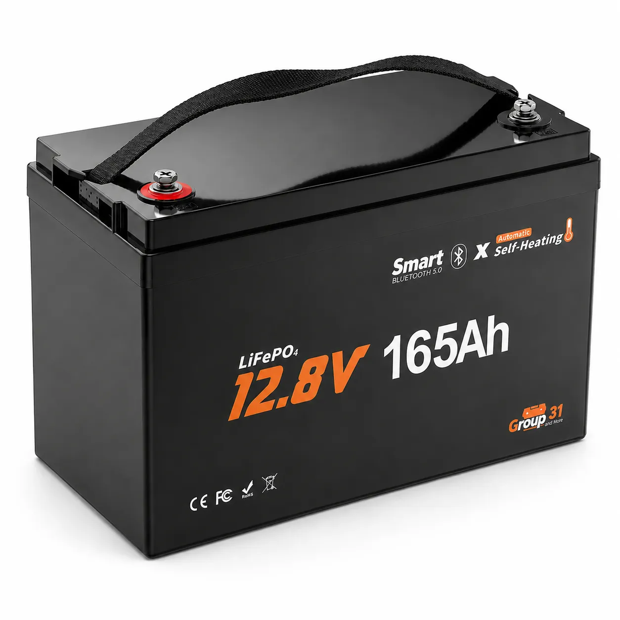12V 165Ah Group 31 self-heating LiFePO4 battery with Bluetooth on a white background