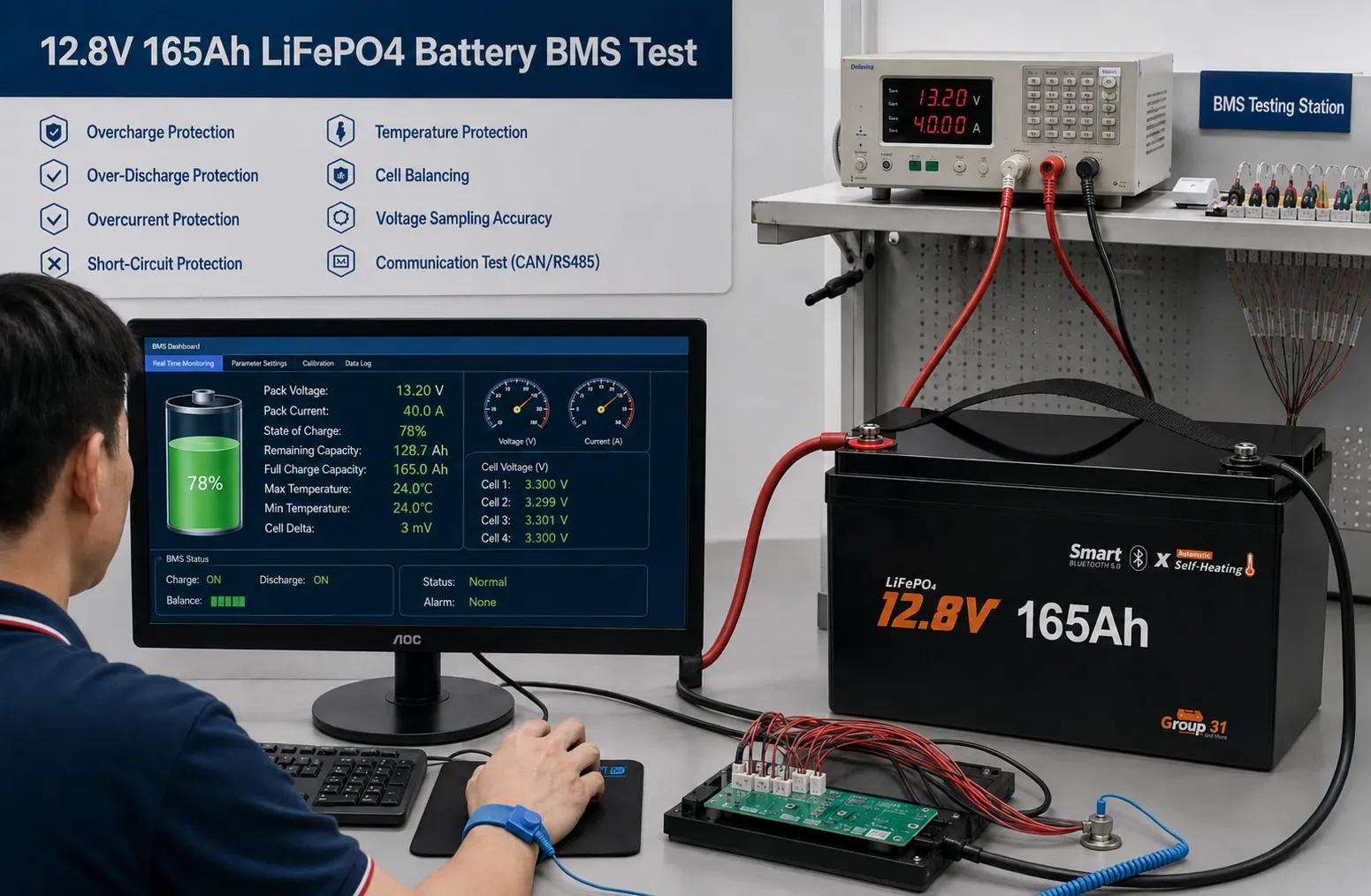 165A Smart BMS and low-temperature protection for a 12V 165Ah Group 31 LiFePO4 battery