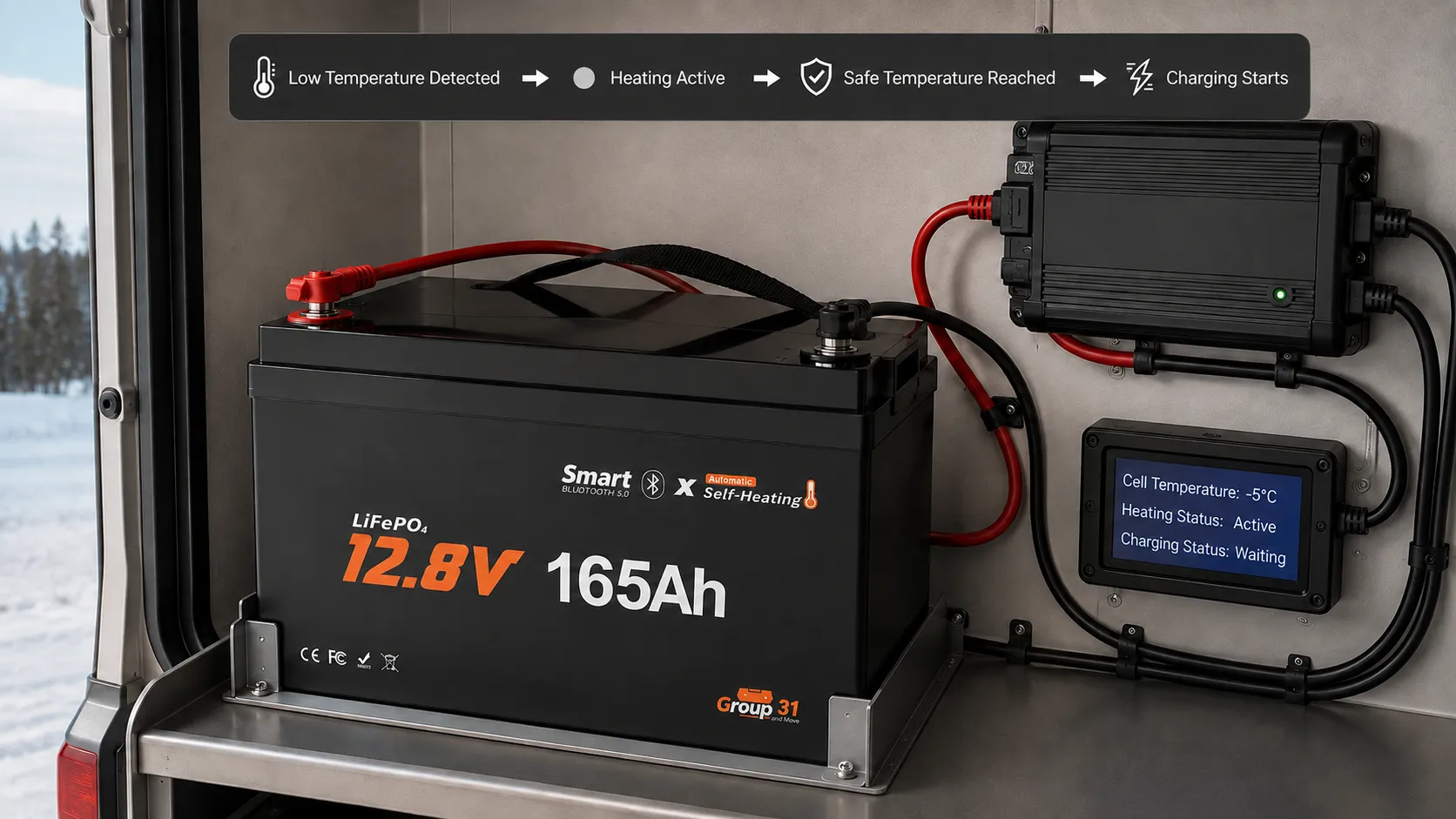 12V 165Ah LiFePO4 battery self-heating before charging in a cold-weather RV compartment