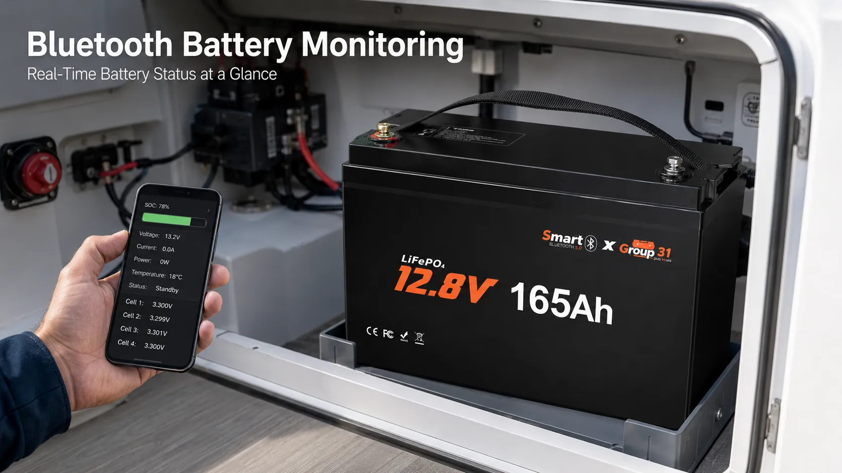 Bluetooth app monitoring for a 12V 165Ah Group 31 LiFePO4 battery