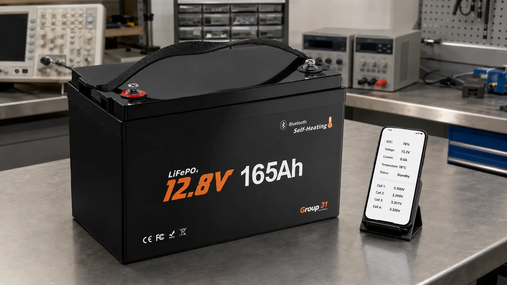 Bluetooth app showing the status of a 12V 165Ah LiFePO4 battery