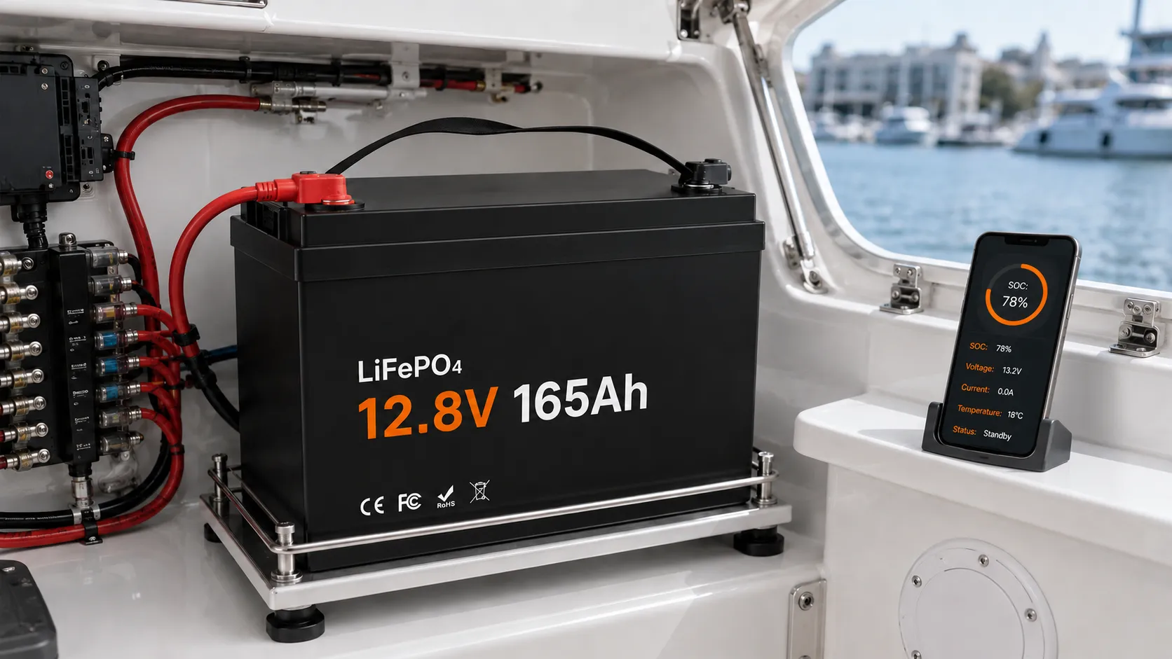Bluetooth monitoring for a 12V 165Ah dual-purpose marine LiFePO4 battery