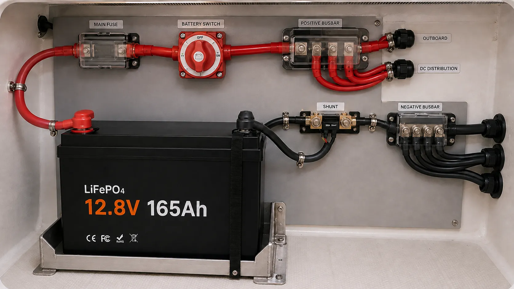 12V 165Ah dual-purpose LiFePO4 battery secured in a dry marine battery compartment
