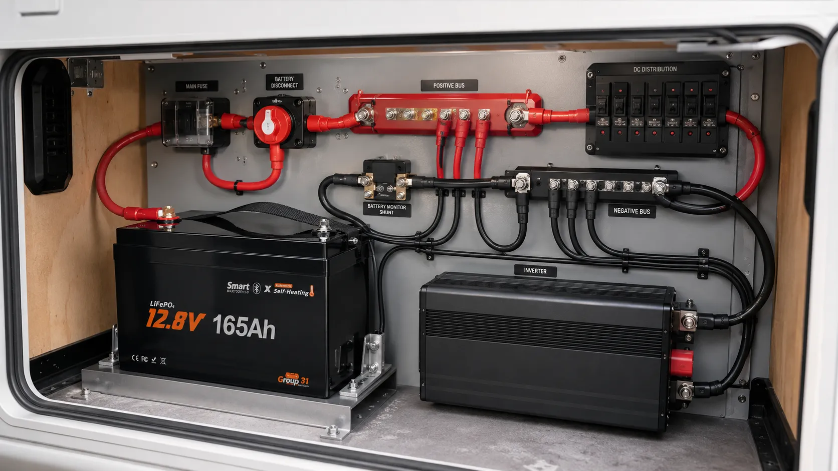 12V 165Ah self-heating LiFePO4 battery installed with fuse and busbars in an RV electrical compartment