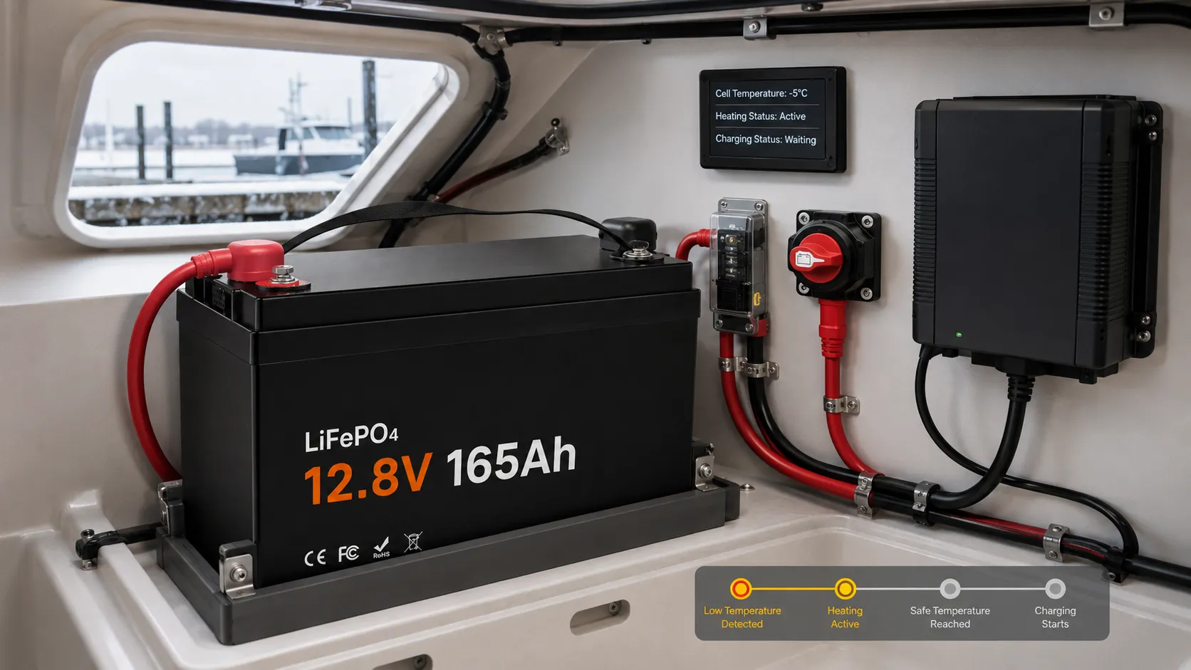 Self-heating 12V 165Ah marine LiFePO4 battery charging in a cold dry yacht compartment