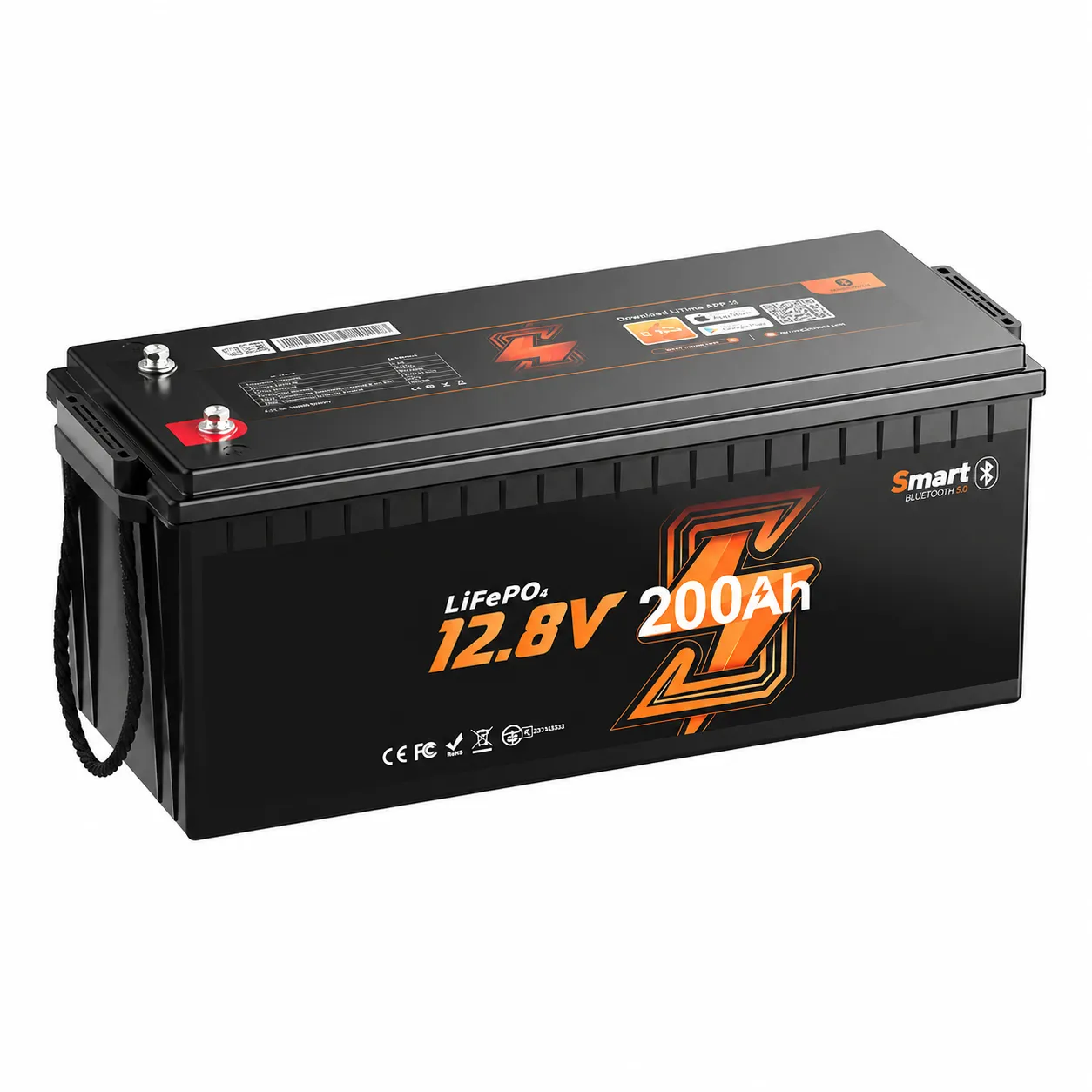 12V 200Ah Bluetooth LiFePO4 Battery – 2560Wh, 100A BMS, Low-Temp Protection