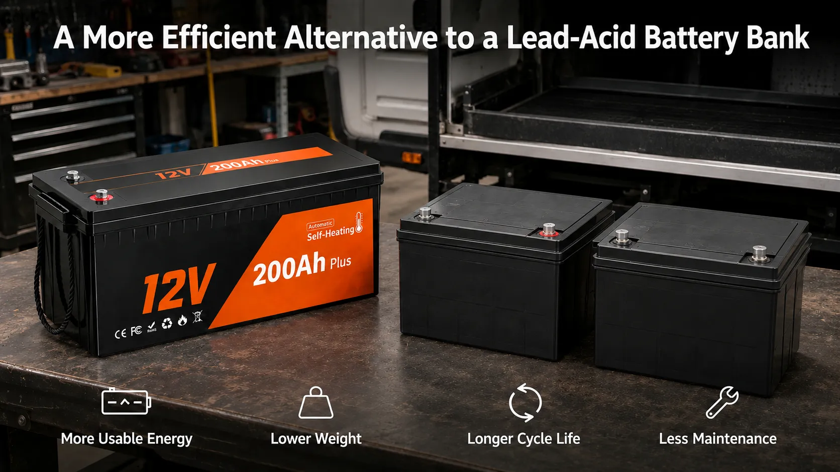 12V 200Ah LiFePO4 battery compared with an RV lead-acid house battery bank