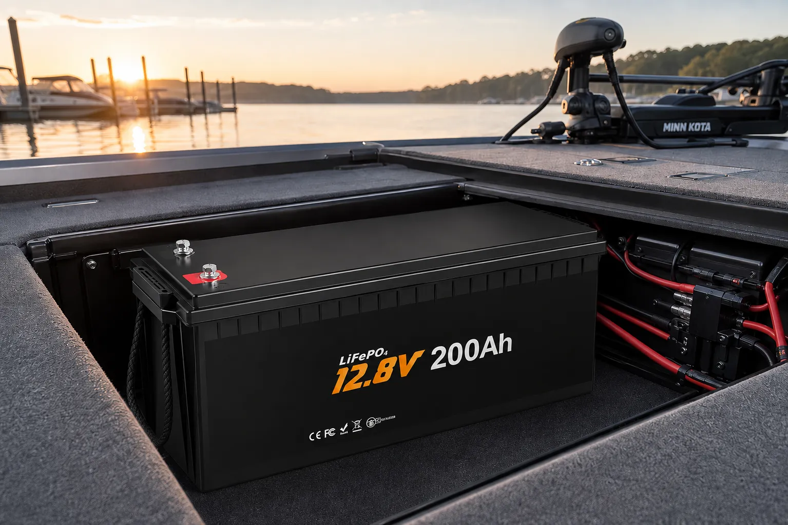 12V 200Ah LiFePO4 marine house battery installed on a boat