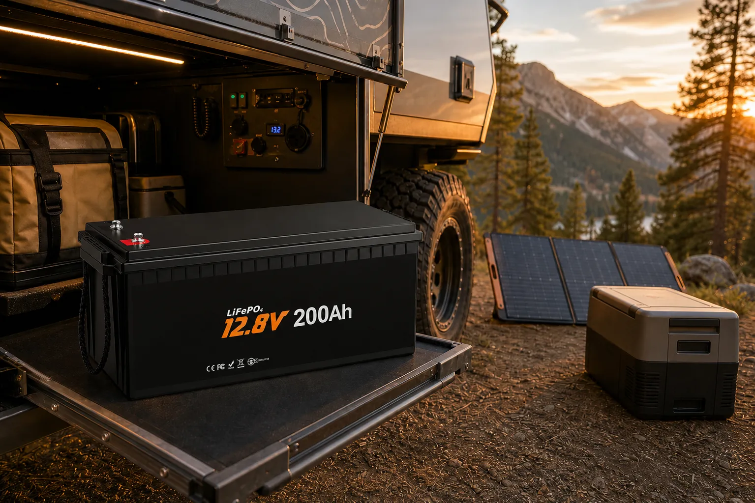 12V 200Ah LiFePO4 RV battery installed in a camper van power system