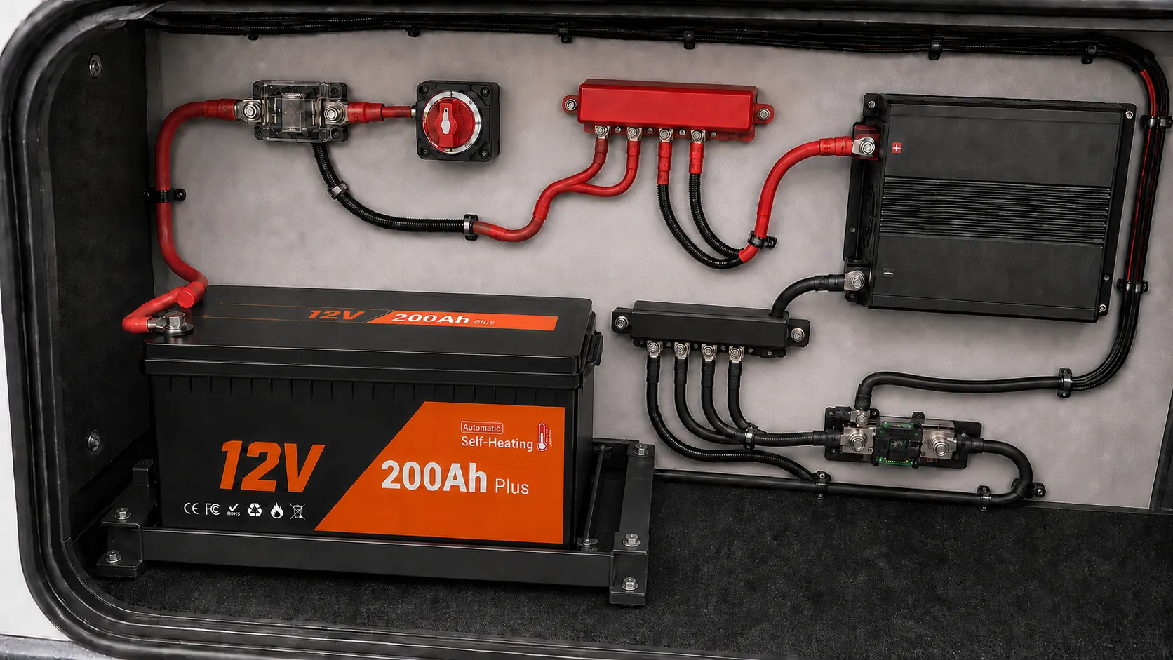Protected RV wiring for a 12V 200Ah LiFePO4 battery with fuse, disconnect and inverter