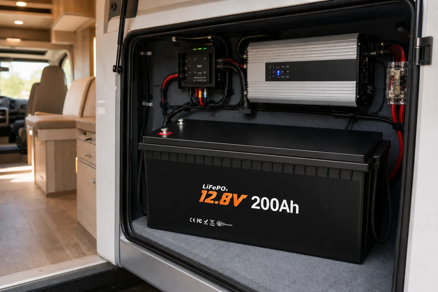 12V 200Ah LiFePO4 RV battery installation with space for protected system wiring
