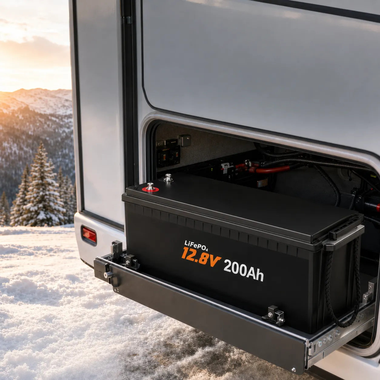 12V 200Ah LiFePO4 battery with low-temperature charging protection in an RV