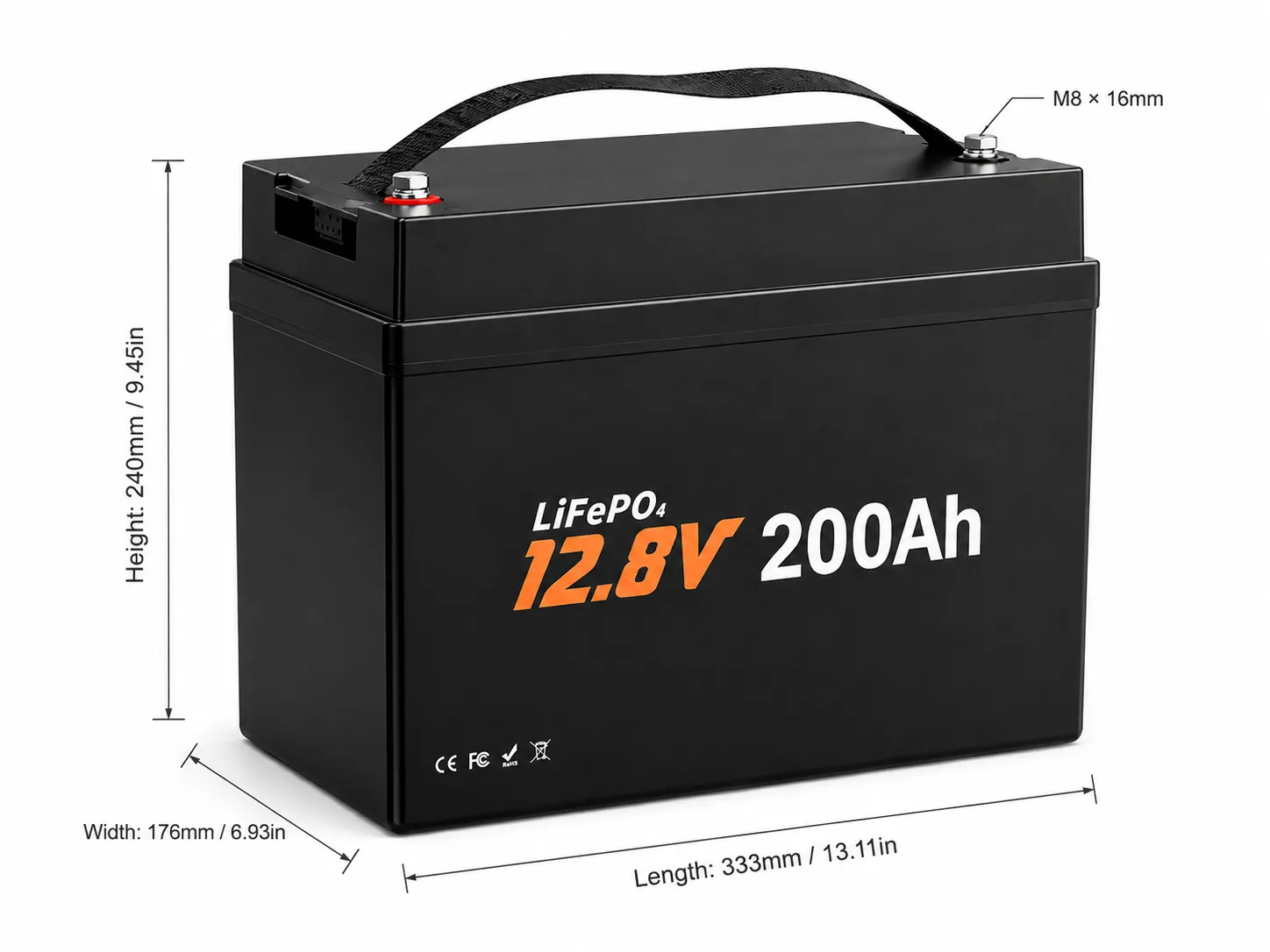 Dimensions and terminal layout of the 12V 200Ah Mini LiFePO4 battery
