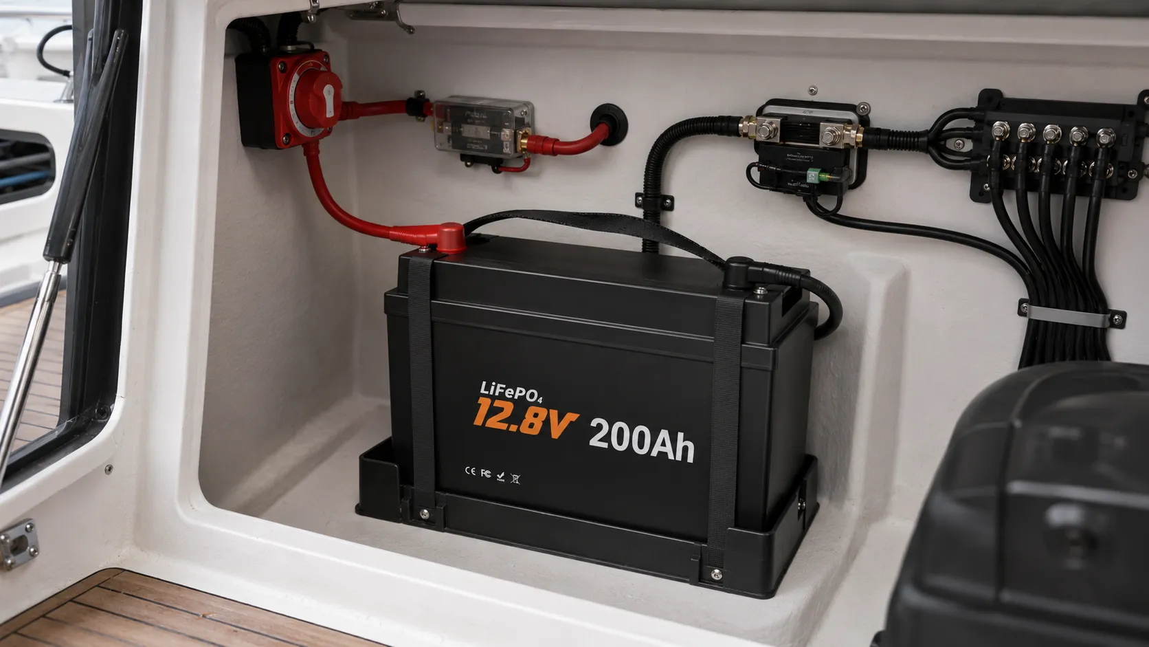 12V 200Ah Mini LiFePO4 battery installed in a marine house power system