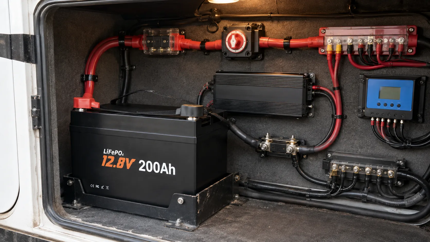 12V 200Ah Mini LiFePO4 battery installed in an RV electrical compartment