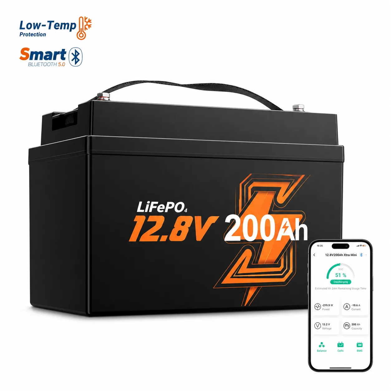 12V 200Ah Xtra Mini LiFePO4 Marine Battery – Bluetooth, 200A BMS