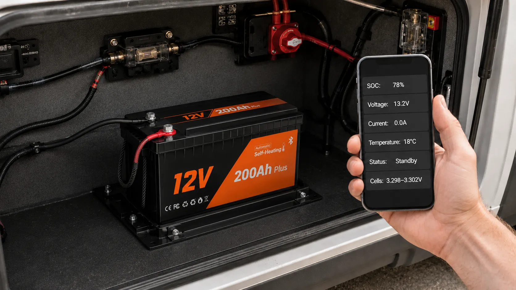 Bluetooth app monitoring for a 12V 200Ah self-heating LiFePO4 battery