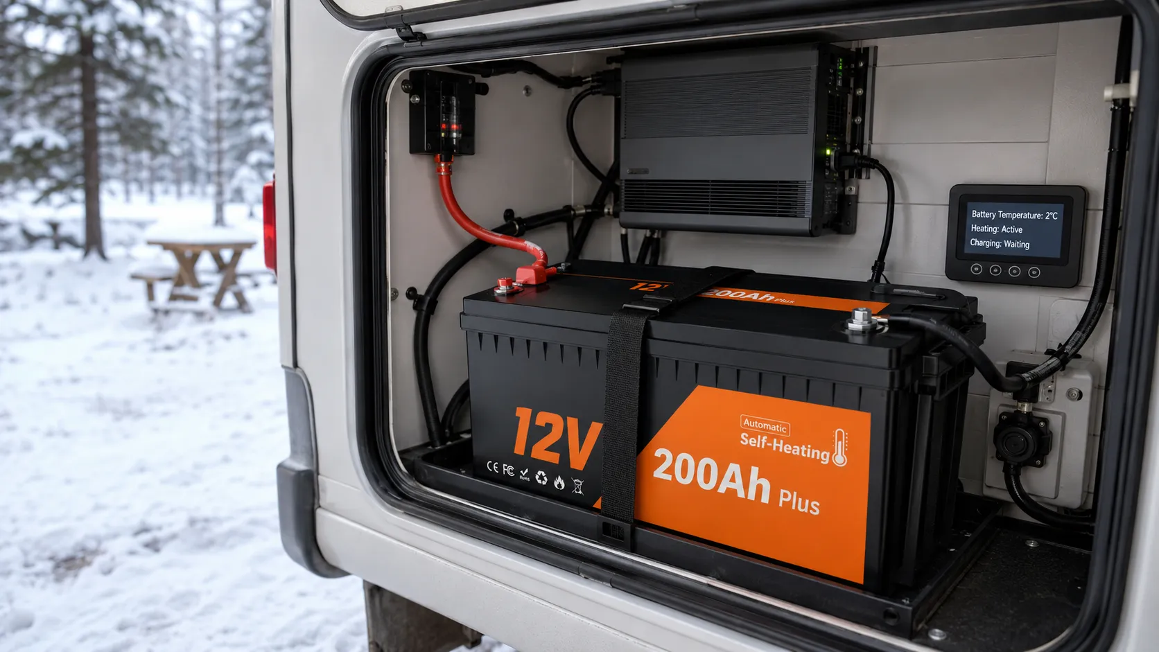 Self-heating 12V 200Ah LiFePO4 battery operating in a winter RV installation